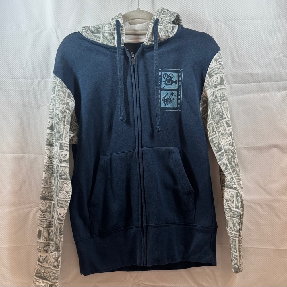 A Universal Studios Navy Zip-Up Hoodie park exclusive a collage of characters XS